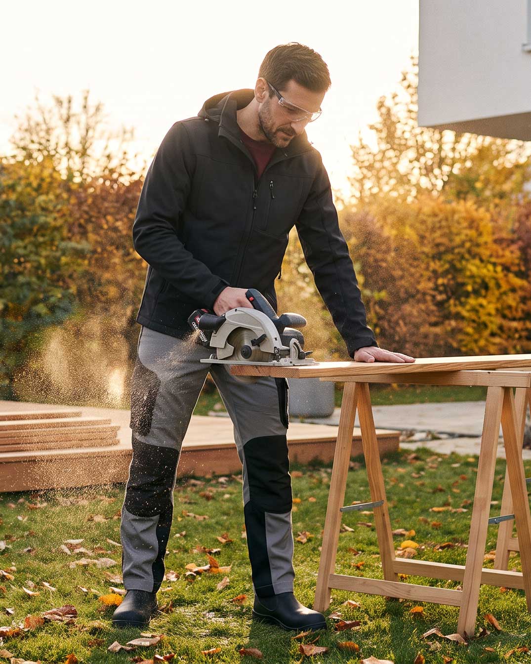Tischler sägt Terrassendielen im Freien