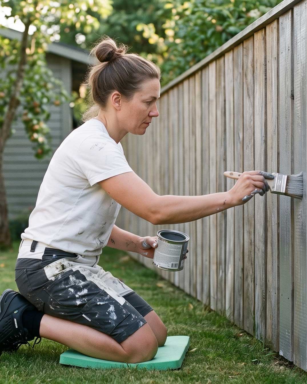 Malerin bei Sommerarbeiten am Gartenzaun