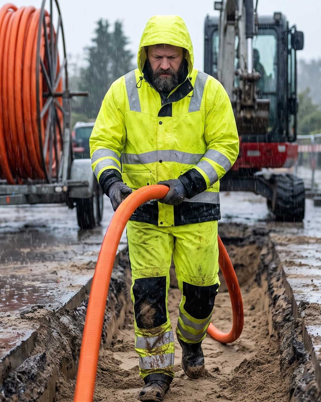 Netzbau-Outfit mit gelber High Vis Regenjacke und Regenhose