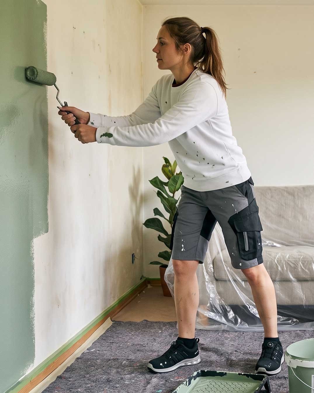 Malerin bei der Arbeit mit heller Arbeitskleidung