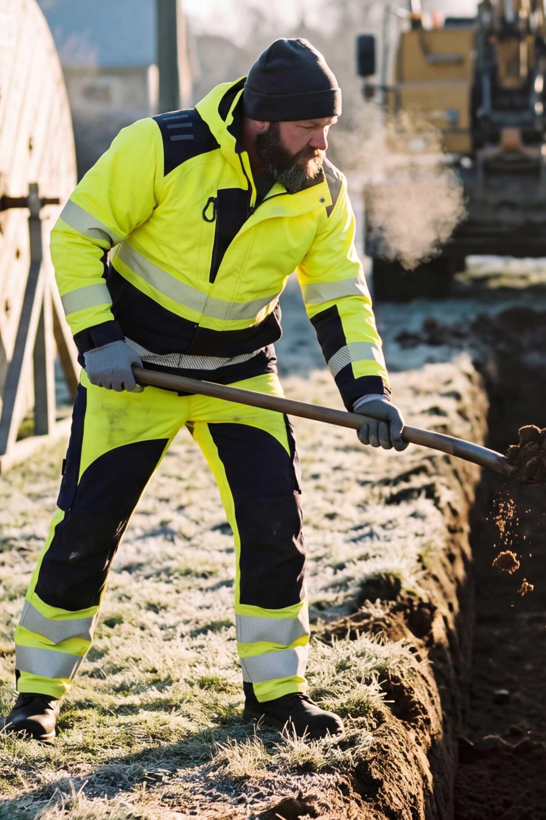 Netzbau-Outfit mit gelber Warnschutzkleidung für den Winter