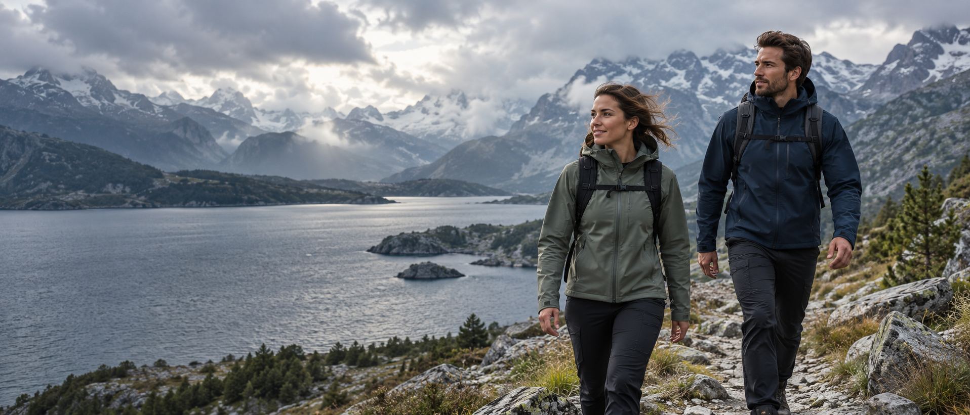 Zwei Personen in Softshelljacken an einem Bergsee bei wechselndem Wetter