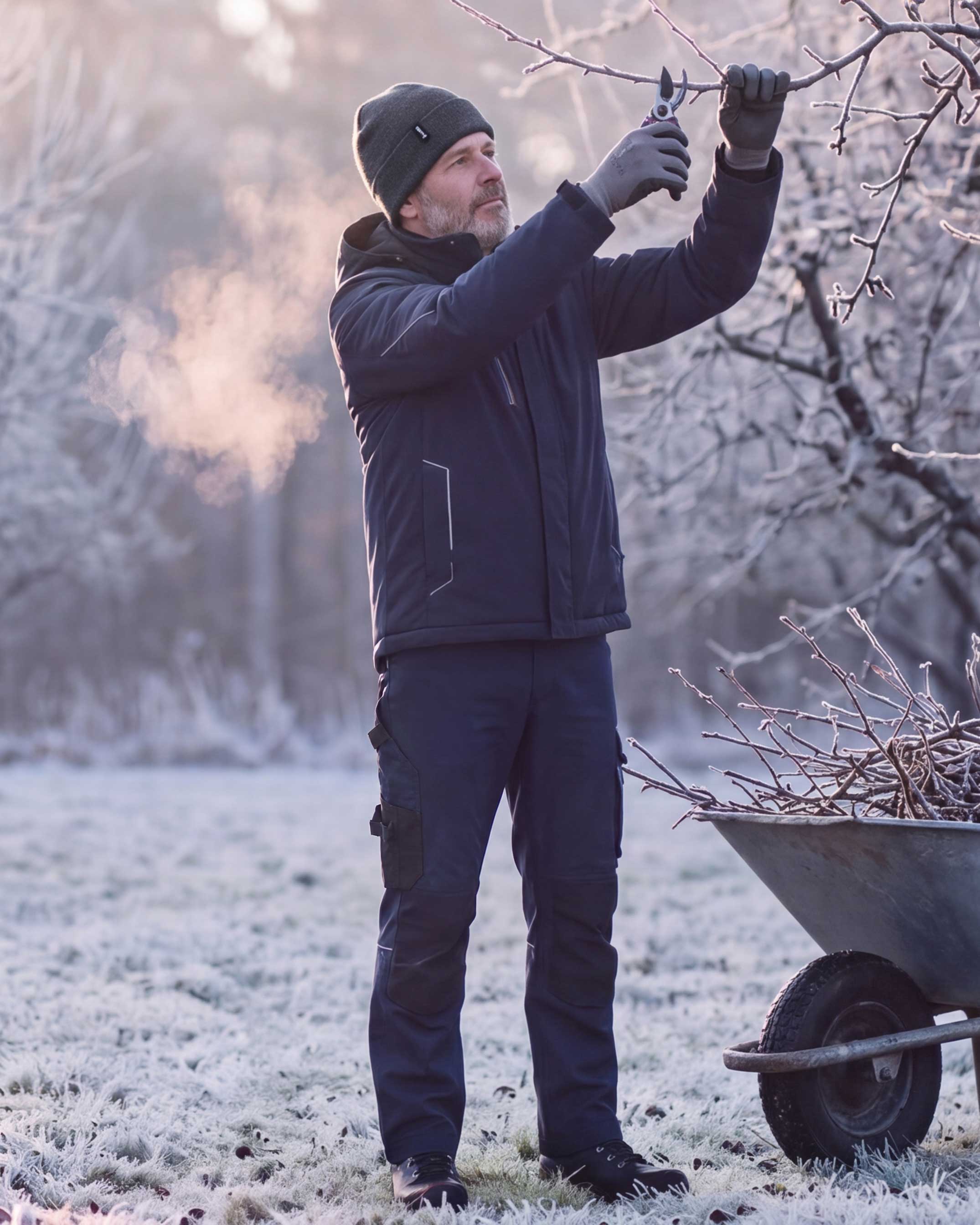 Gärtner im Winter-Outfit mit dunkelblauer Arbeitskleidung