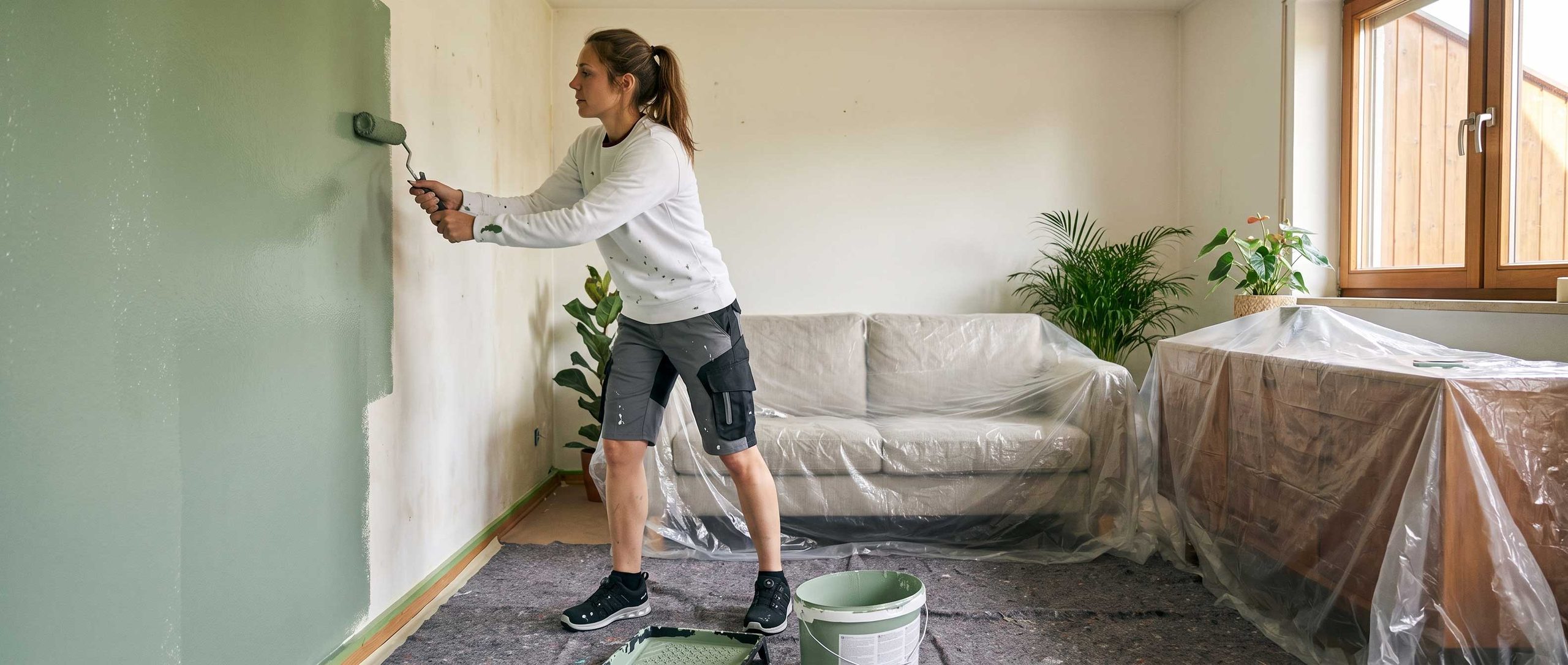 Malerin bei der Arbeit mit heller Arbeitskleidung
