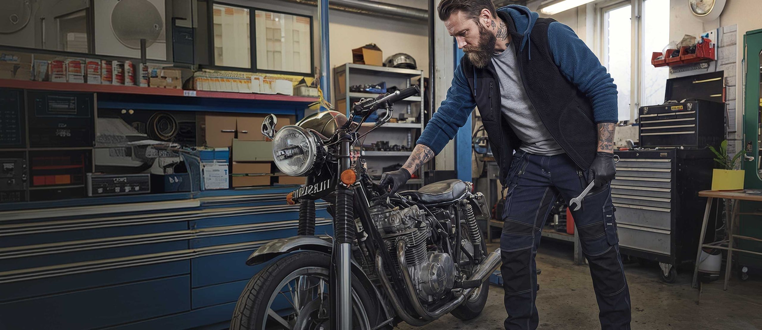 Mann in Arbeitskleidung am Motorrad in der Werkstatt