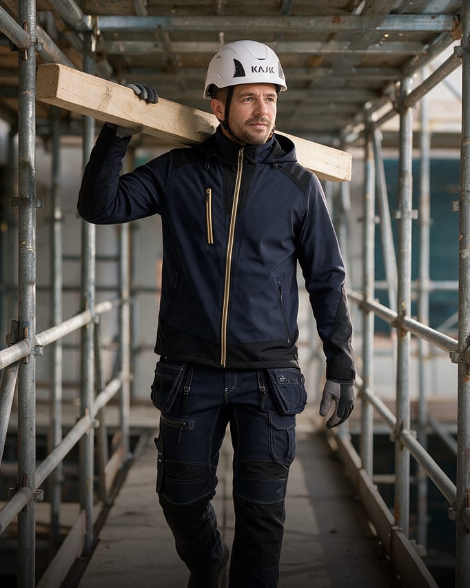 Handwerker in dunkler Softshelljacke trägt einen Holzbalken auf einer Baustelle