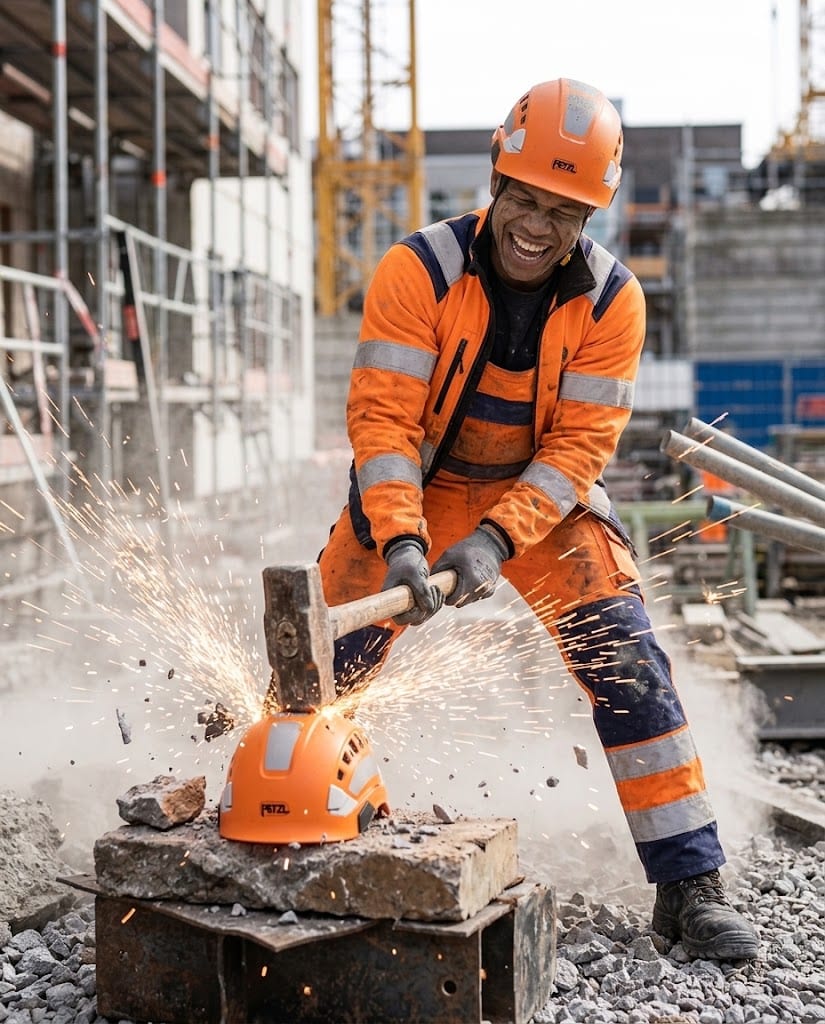Arbeiter in oranger Warnschutzkleidung beim Trennen von Metall mit Funkenflug