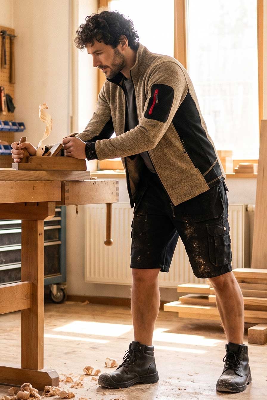 Tischler-Schreiner-Outfit bei der Holzbearbeitung