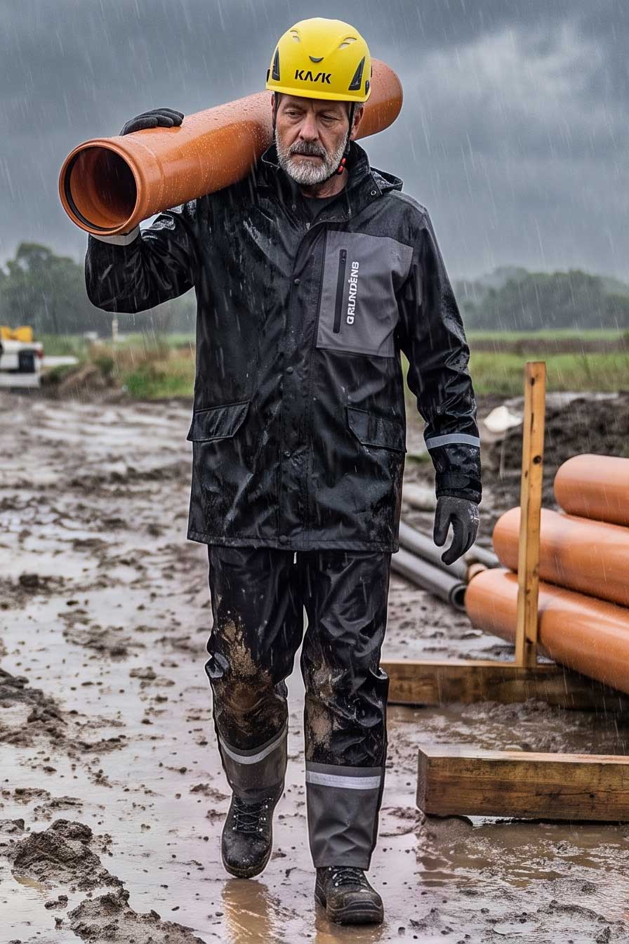 Handwerker im Sunnan Regen-Outfit