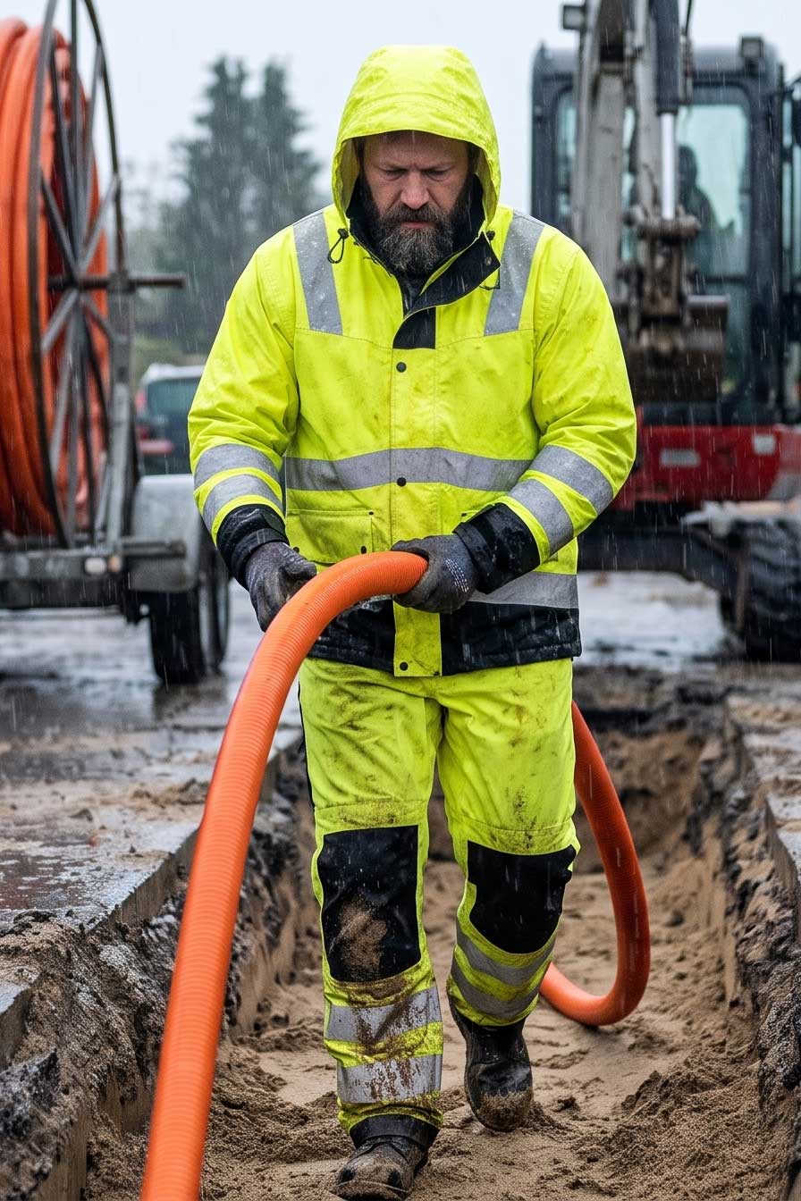 Netzbau-Outfit mit gelber Regenjacke und Regenhose